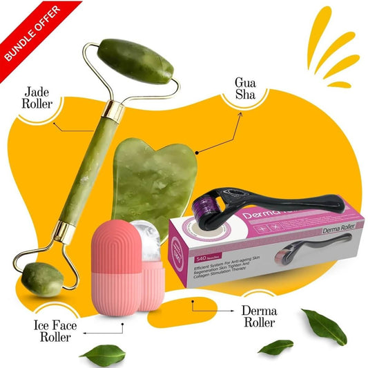 4 in 1 Value Bundle - Derma Roller, Jade Roller, Gua Sha & Ice Face Roller for Radiant Skin